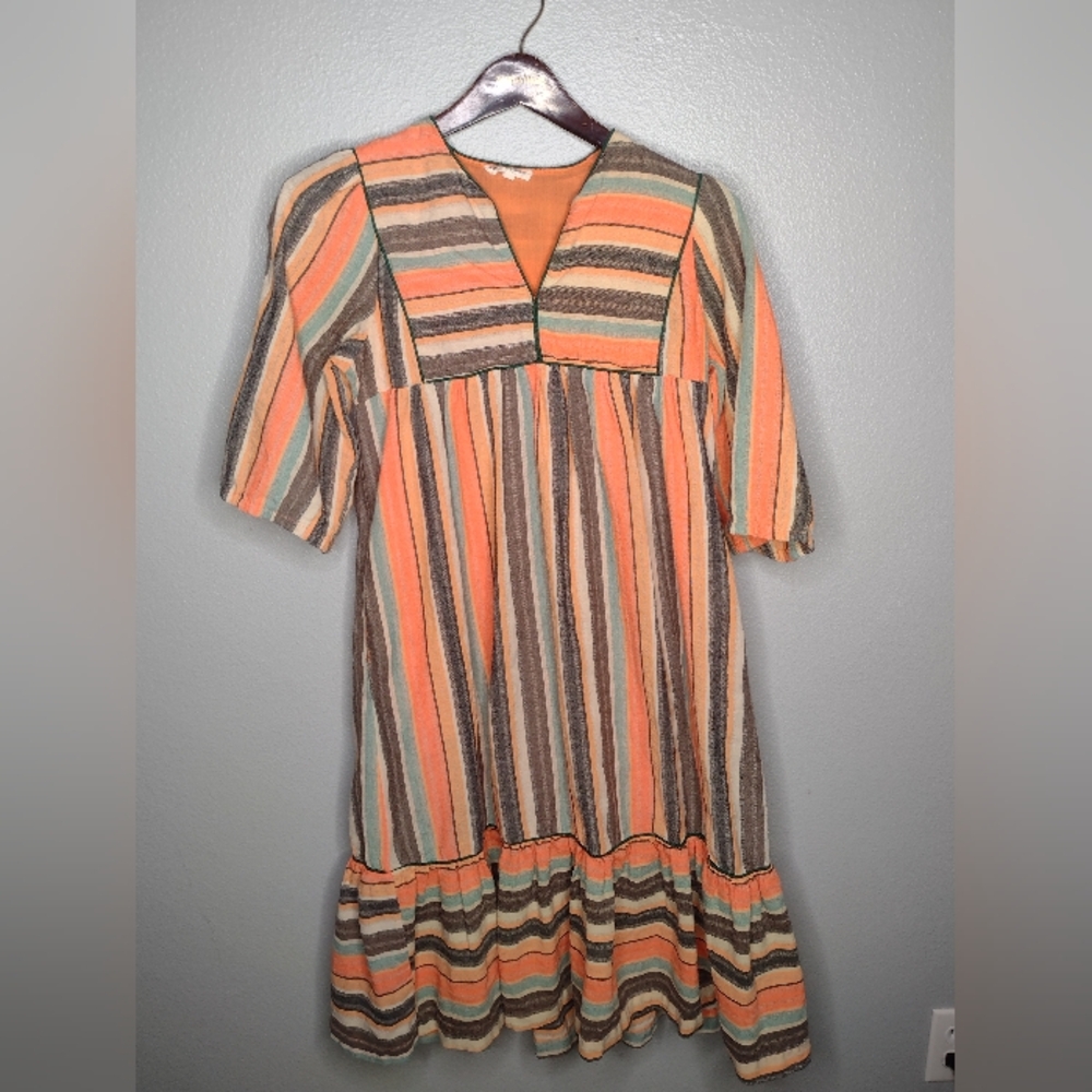 Saint Geraldine Polly Jean Midi Dress XS Striped Pockets Flounce Bohemian EE